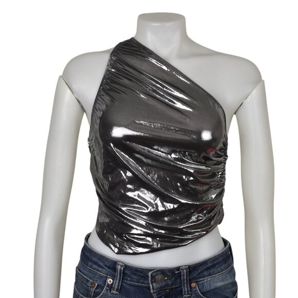 Cider Tops - NWT Cider Silver Metallic One-Shoulder Crop Top Size Large